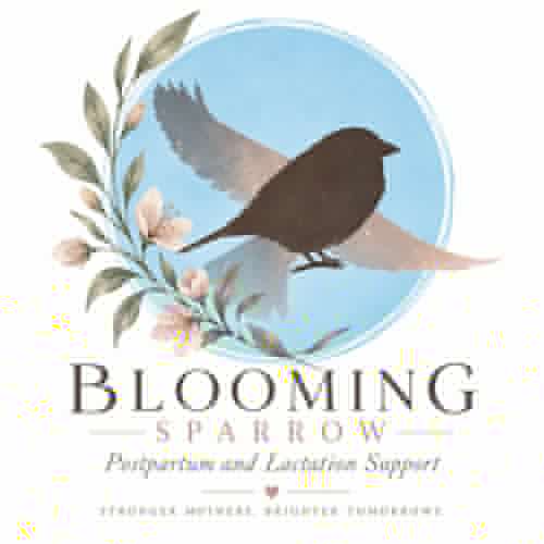 Blooming Sparrow logo with blue circle, sparrow, flowers, and maternal support tagline